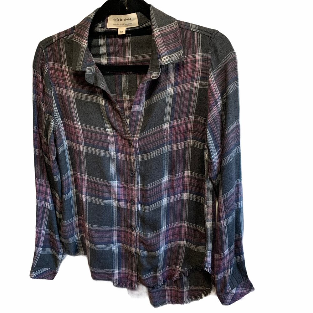 Cloth & Stone Fringe Raw Hem Plaid Button Down Shirt XS